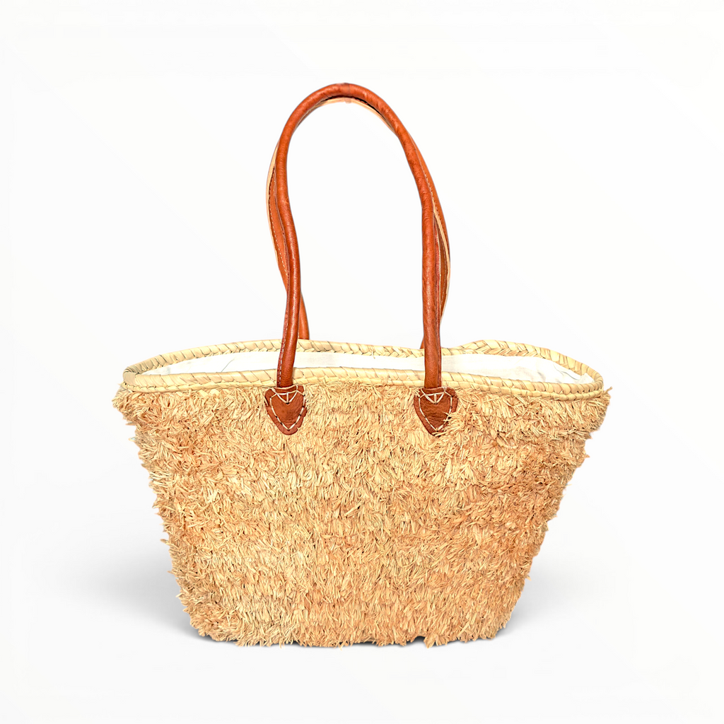 Handwoven Moroccan Palm Leaf Basket with Raffia Detail