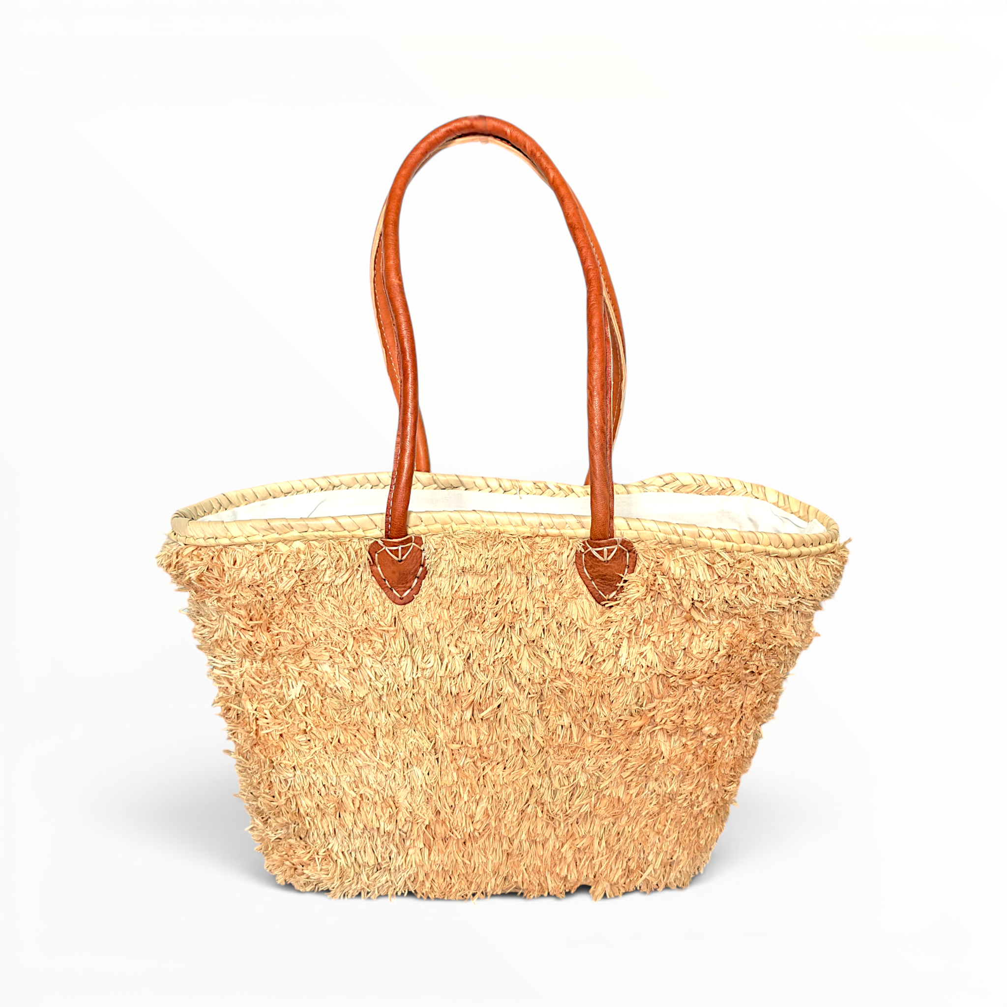 Handwoven Moroccan Palm Leaf Basket with Raffia Detail