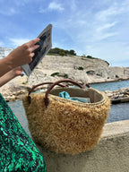 Handwoven Moroccan Palm Leaf Basket with Raffia Detail